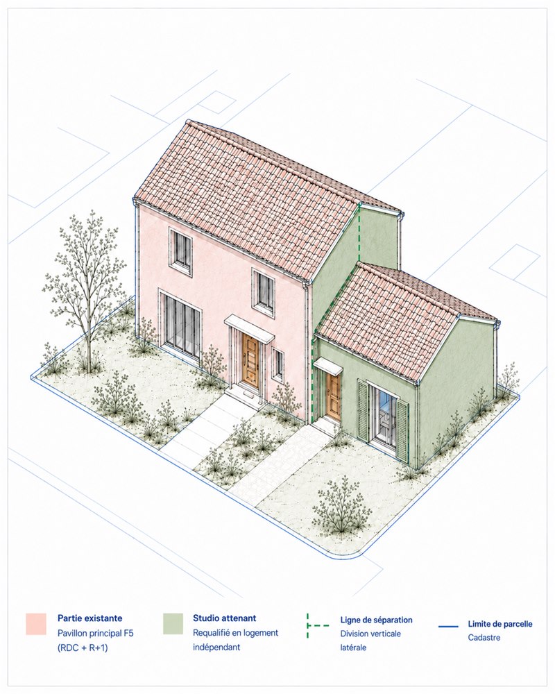 Pavillon avec studio attenant requalifié en logement indépendant