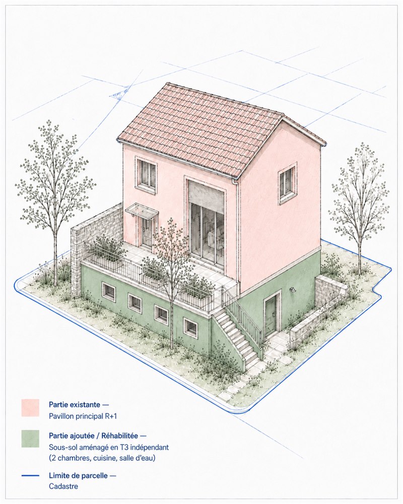 Pavillon avec sous-sol aménagé en T3 indépendant