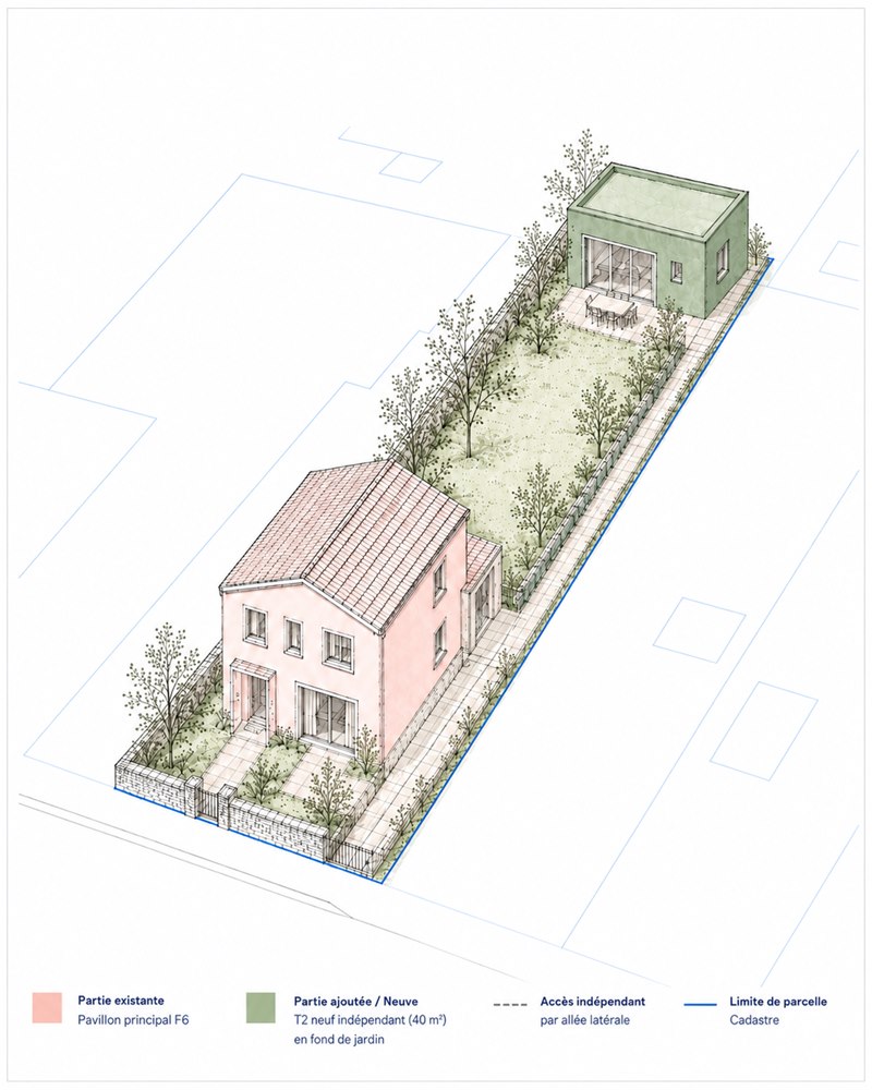 Pavillon avec T2 neuf construit en fond de jardin