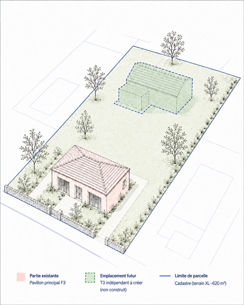 Pavillon avec construction T3/T4 sur terrain XL